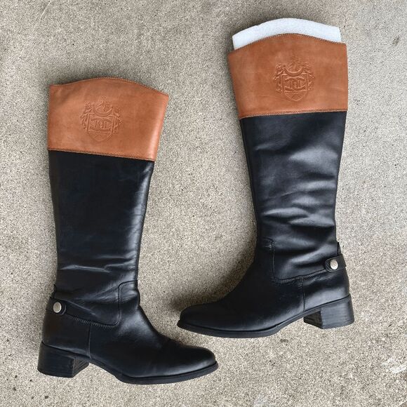 Etienne Aigner Shoes - Etienne Aigner Black & Tan Leather Riding Boots - Crest Logo - Size 9